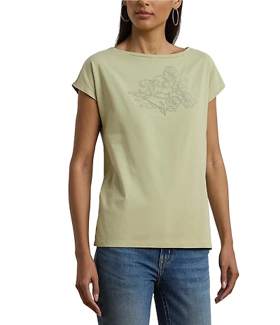 Lauren Ralph Lauren Boat Neck Short Sleeve Embroidered Tee