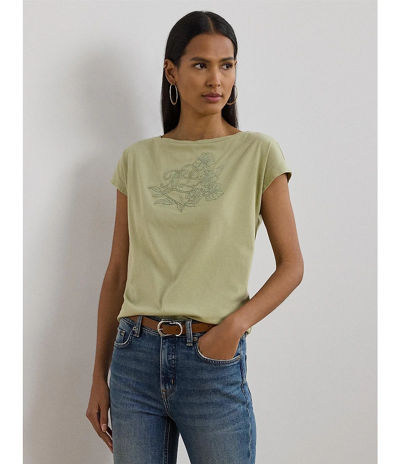 Lauren Ralph Lauren Boat Neck Short Sleeve Embroidered Tee