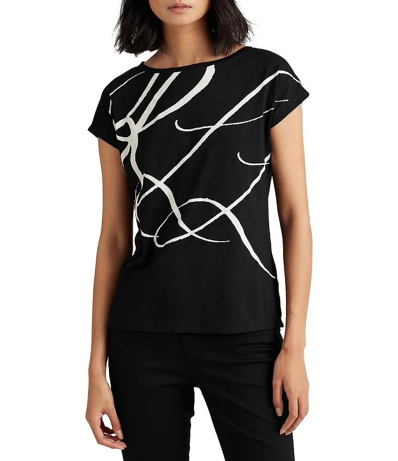 Lauren Ralph Lauren Boat Neck Short Sleeve Logo Script Shirt