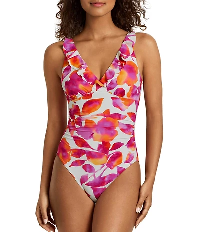 Lauren Ralph Lauren Bougainvillea Floral Ruffle V-Neck One Piece Swimsuit