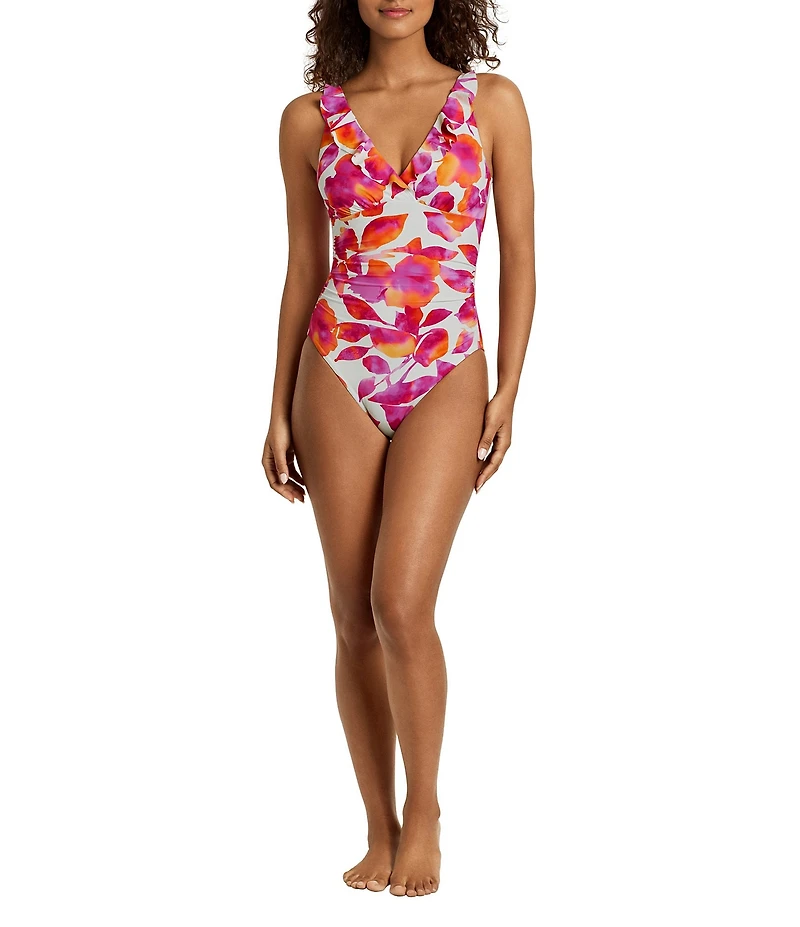 Lauren Ralph Lauren Bougainvillea Floral Ruffle V-Neck One Piece Swimsuit