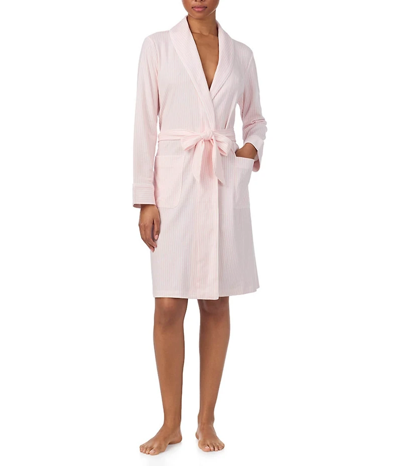 Lauren Ralph Lauren Brushed Interlock Knit Long Sleeve Shawl Collar Short Striped Robe