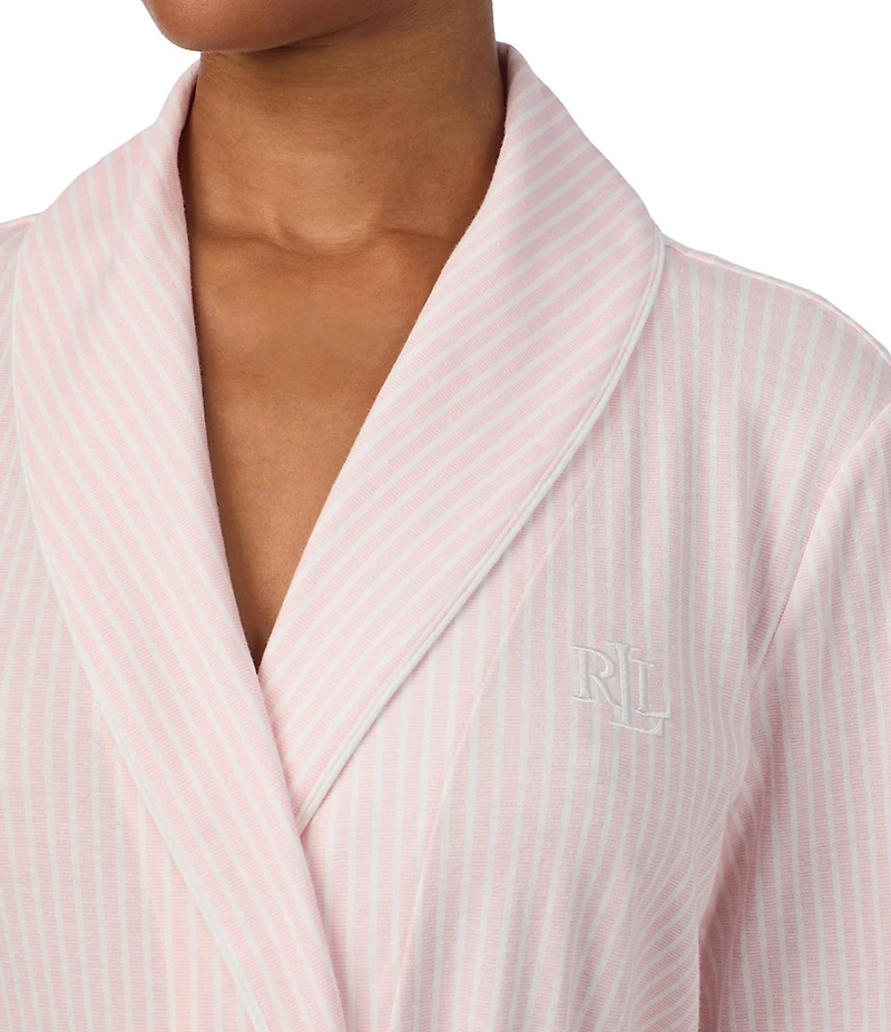 Lauren Ralph Lauren Brushed Interlock Knit Long Sleeve Shawl Collar Short Striped Robe