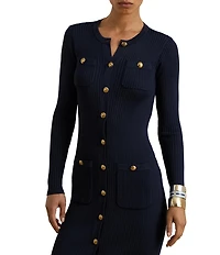 Lauren Ralph Lauren Button Ribbed Knit Round Neck Long Sleeve Sheath Dress