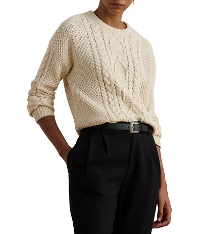 Lauren Ralph Lauren Cable Knit Cotton Equestrian Novelty Stitching Crew Neck Long Sleeve Sweater