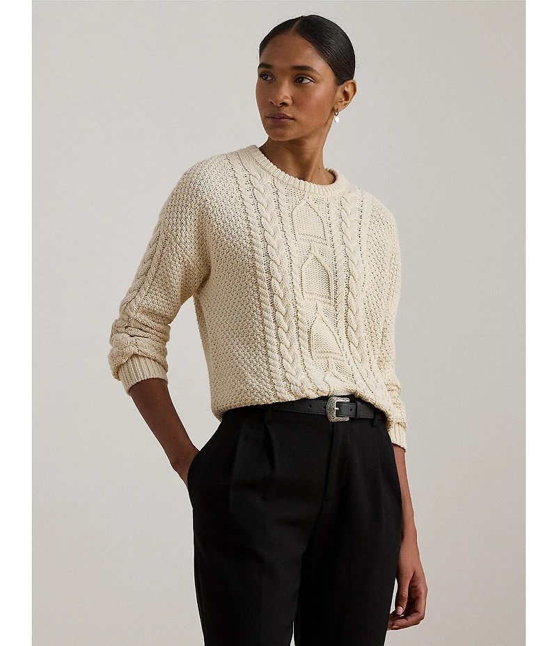 Lauren Ralph Lauren Cable Knit Cotton Equestrian Novelty Stitching Crew Neck Long Sleeve Sweater