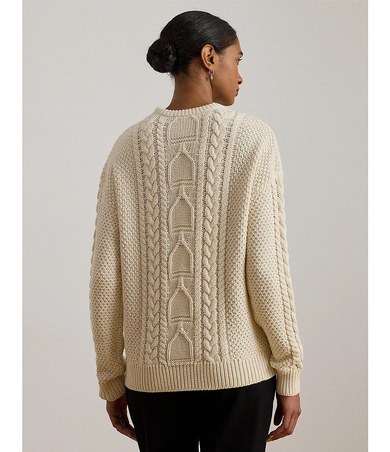 Lauren Ralph Lauren Cable Knit Cotton Equestrian Novelty Stitching Crew Neck Long Sleeve Sweater
