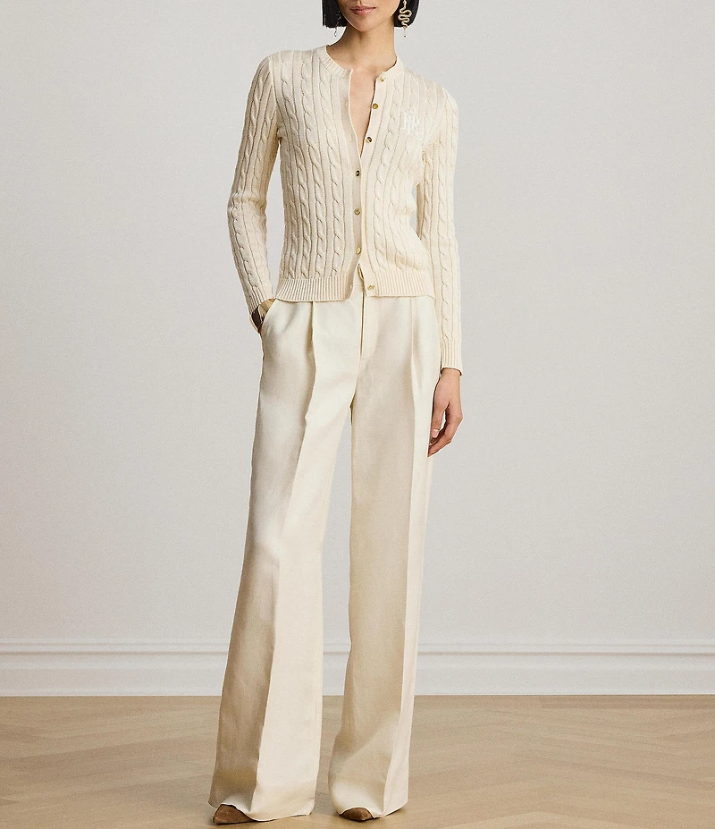 Lauren Ralph Lauren Cable Knit Crew Neck Long Sleeve Front Button Cardigan