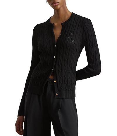 Lauren Ralph Lauren Cable Knit Crew Neck Long Sleeve Front Button Cardigan