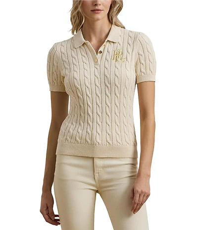 Lauren Ralph Lauren Cable Knit Point Collar Short Sleeve Polo Shirt