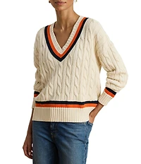 Lauren Ralph Lauren Cable Knit V-Neck Long Sleeve Cricket Sweater