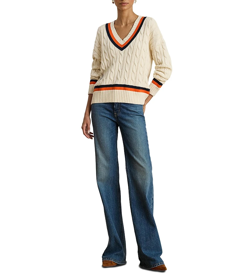 Lauren Ralph Lauren Cable Knit V-Neck Long Sleeve Cricket Sweater