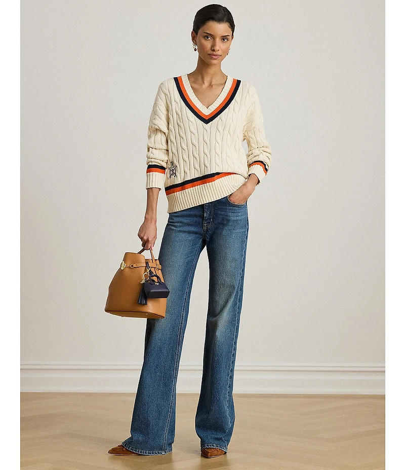Lauren Ralph Lauren Cable Knit V-Neck Long Sleeve Cricket Sweater