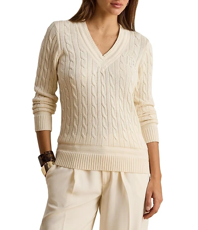 Lauren Ralph Lauren Cable Knit V-Neck Long Sleeve Sweater Top