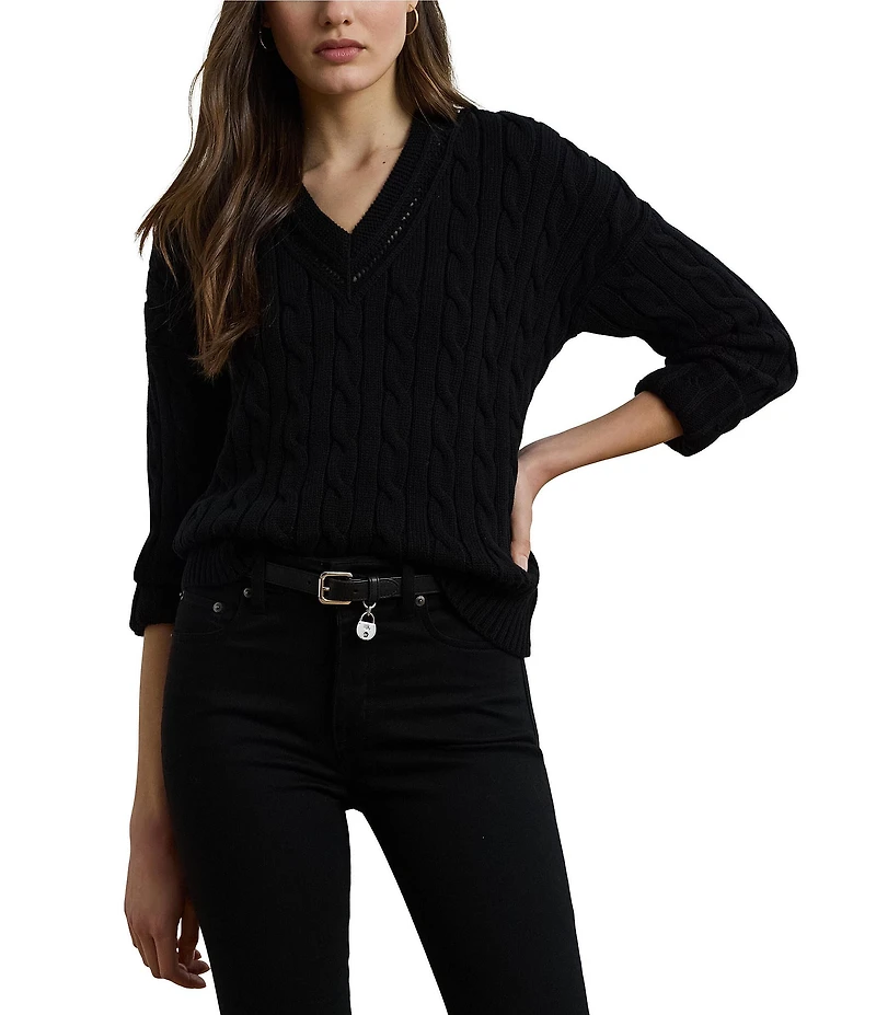Lauren Ralph Lauren Cable Knit V-Neck Long Sleeve Top