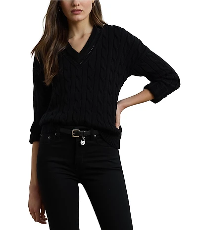 Lauren Ralph Lauren Cable Knit V-Neck Long Sleeve Top