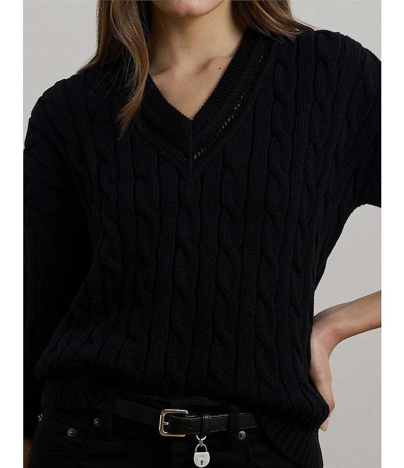 Lauren Ralph Lauren Cable Knit V-Neck Long Sleeve Top