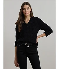 Lauren Ralph Lauren Cable Knit V-Neck Long Sleeve Top