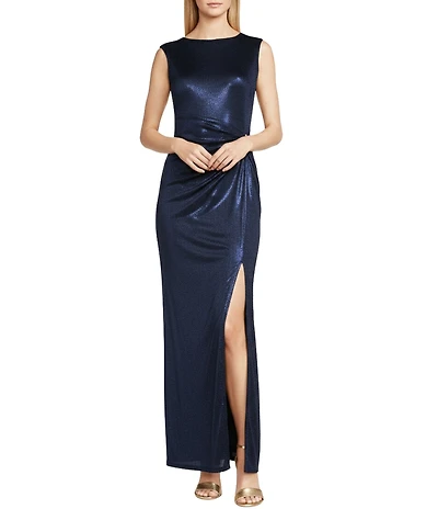 Lauren Ralph Lauren Cap Sleeve Boat Neck Metallic Jersey Long Sheath Dress