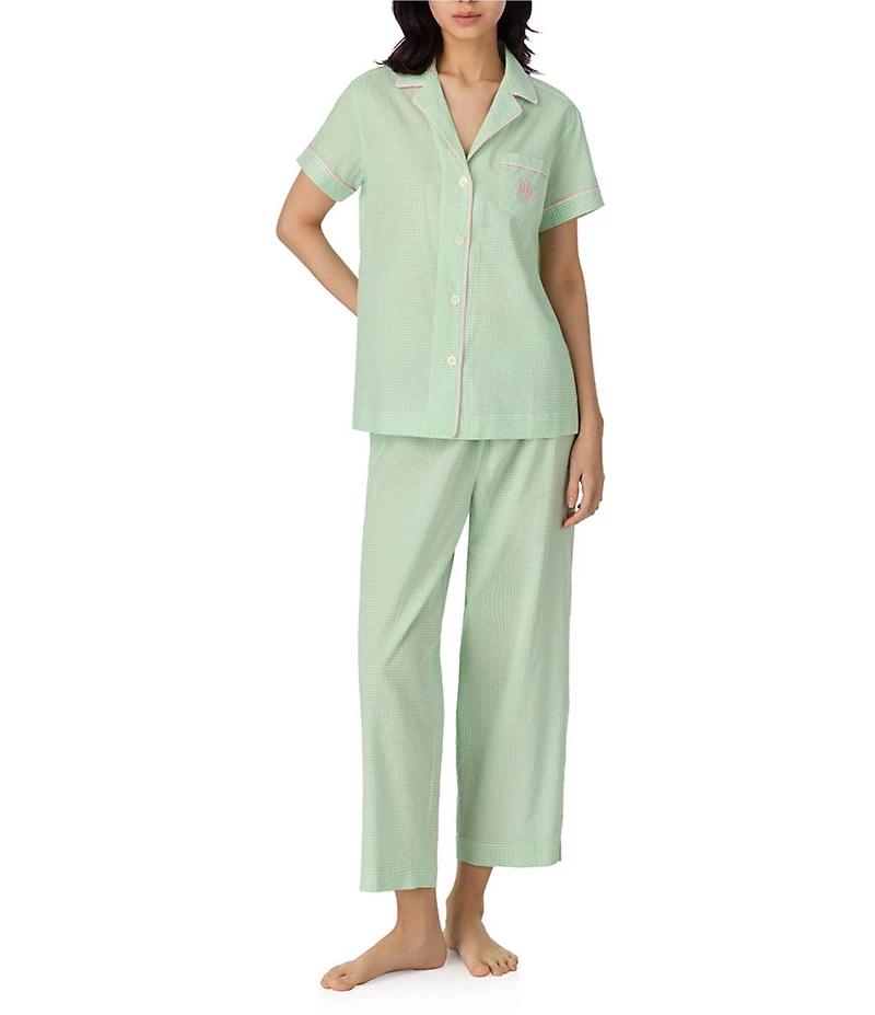 Lauren Ralph Lauren Check Print Short Sleeve Notch Collar Woven Cropped Pajama Set