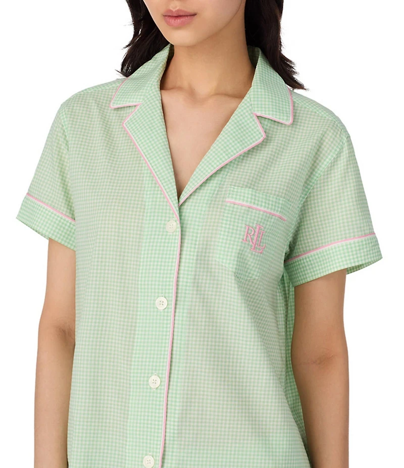 Lauren Ralph Lauren Check Print Short Sleeve Notch Collar Woven Cropped Pajama Set