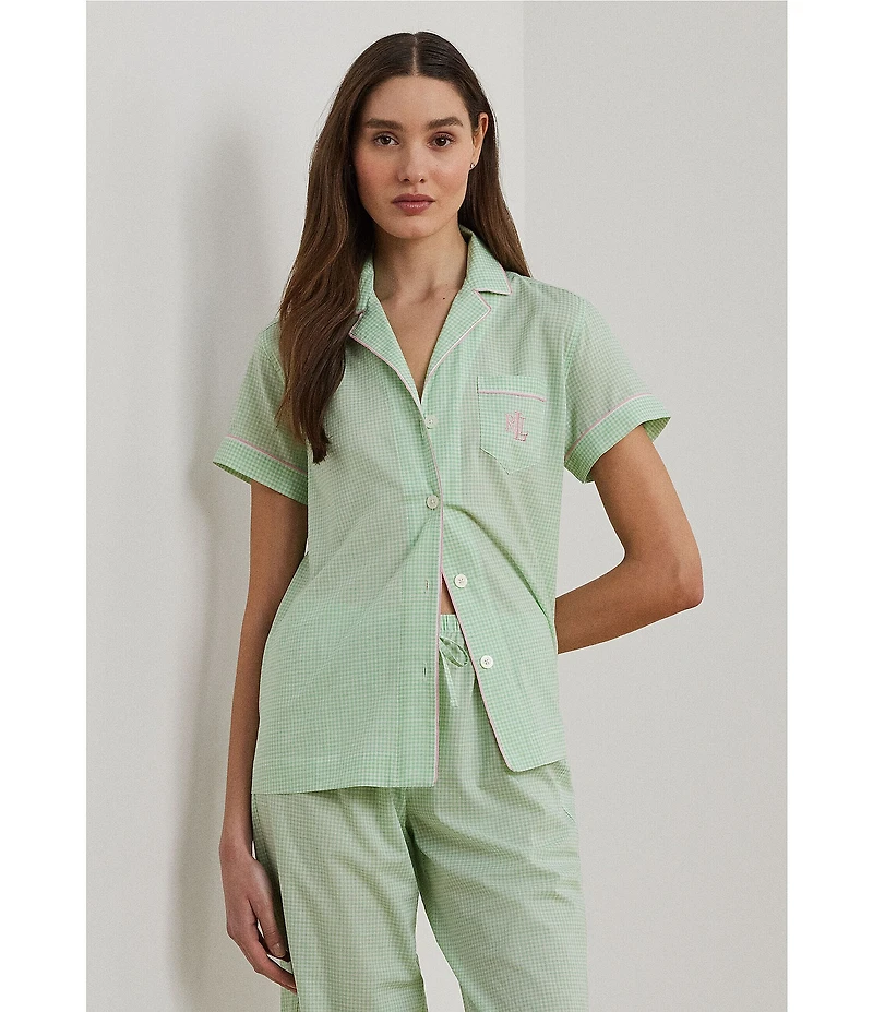 Lauren Ralph Lauren Check Print Short Sleeve Notch Collar Woven Cropped Pajama Set