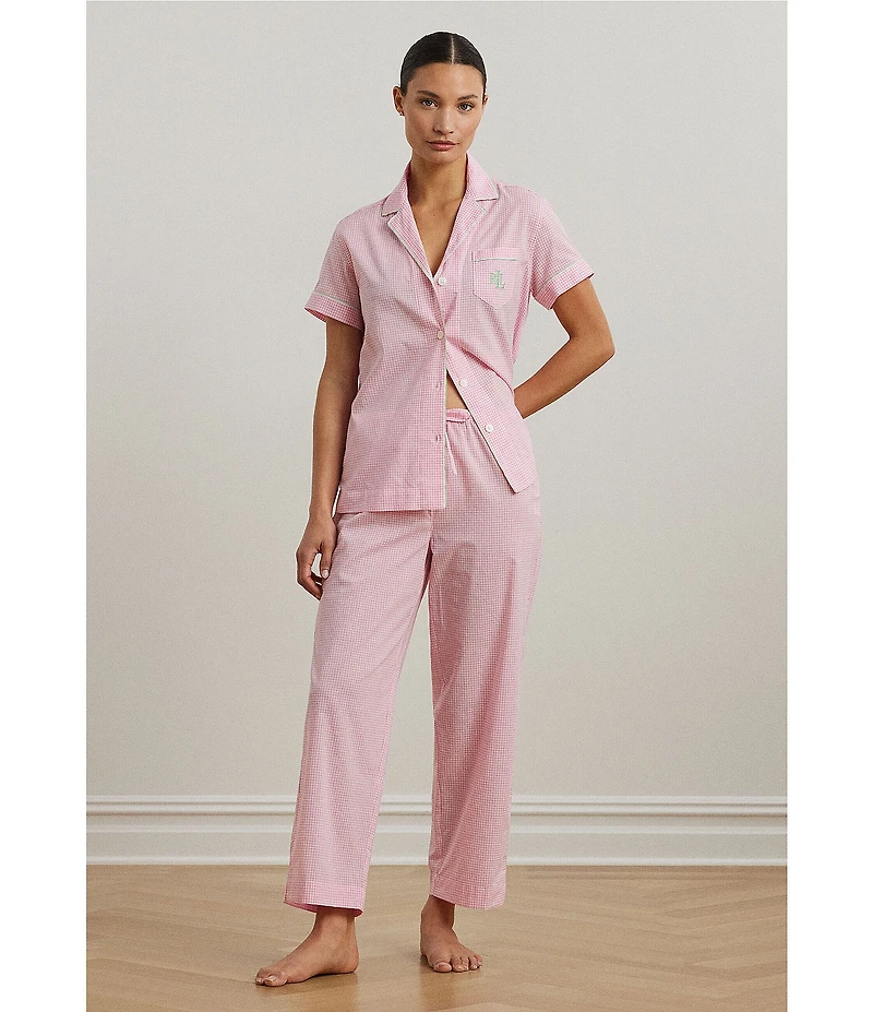 Lauren Ralph Lauren Check Print Short Sleeve Notch Collar Woven Cropped Pajama Set