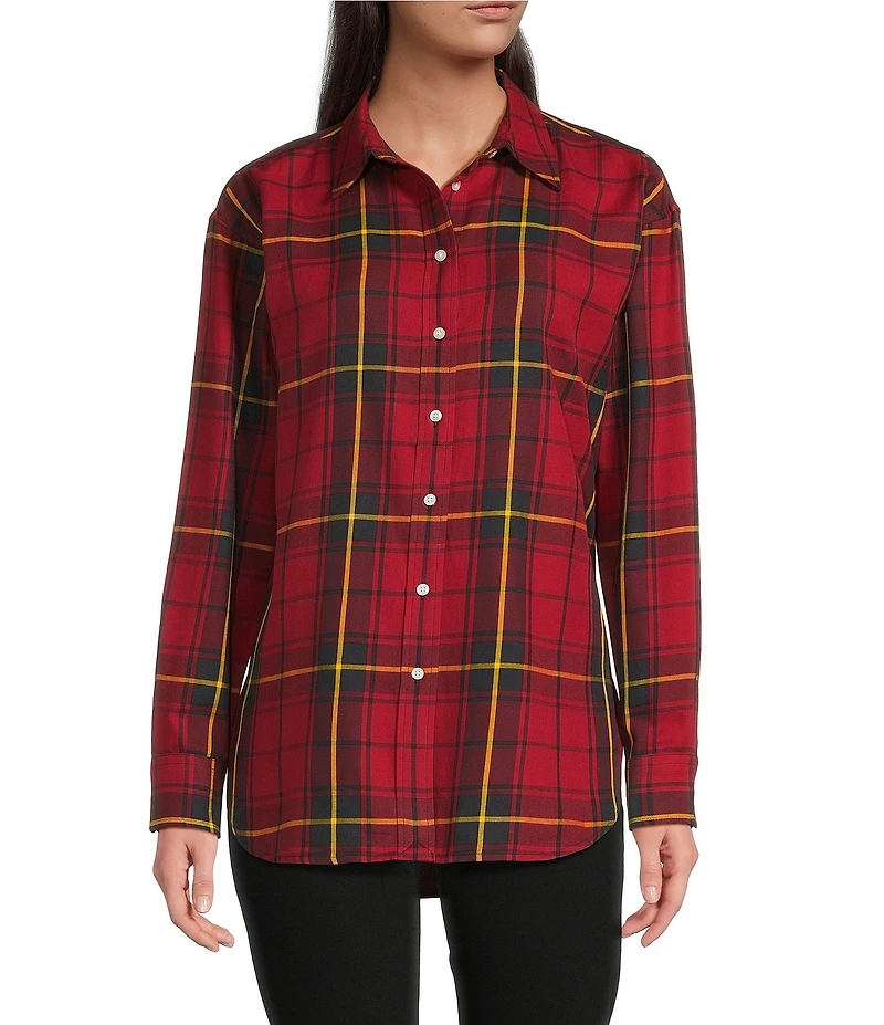 Lauren Ralph Lauren Checked Plaid Point Collar Long Sleeve Button-Front Shirt