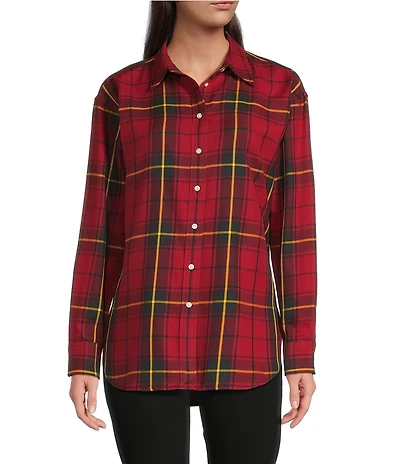 Lauren Ralph Lauren Checked Plaid Point Collar Long Sleeve Button-Front Shirt
