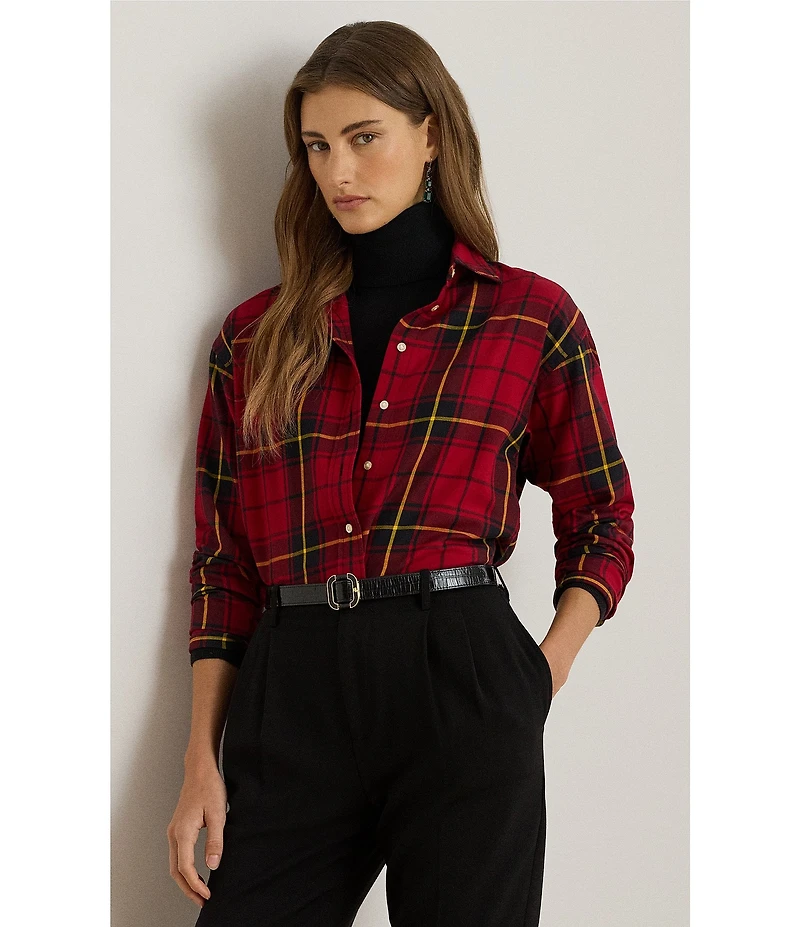 Lauren Ralph Lauren Checked Plaid Point Collar Long Sleeve Button-Front Shirt