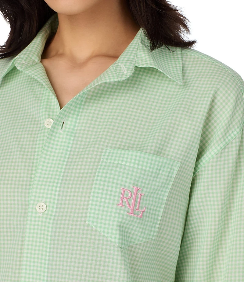 Lauren Ralph Lauren Checked Print Long Sleeve Notch Collar Woven Sleepshirt