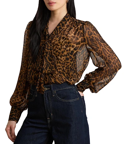 Lauren Ralph Lauren Chiffon Animal Print Round Neck Long Sleeve Shirt