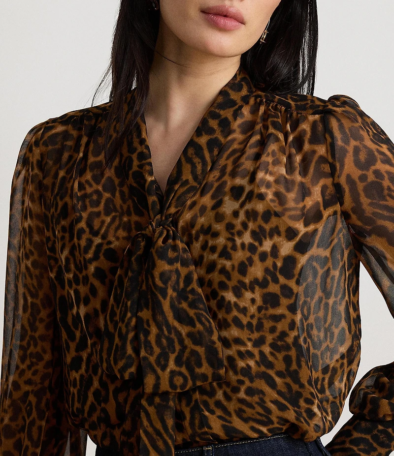 Lauren Ralph Lauren Chiffon Animal Print Round Neck Long Sleeve Shirt