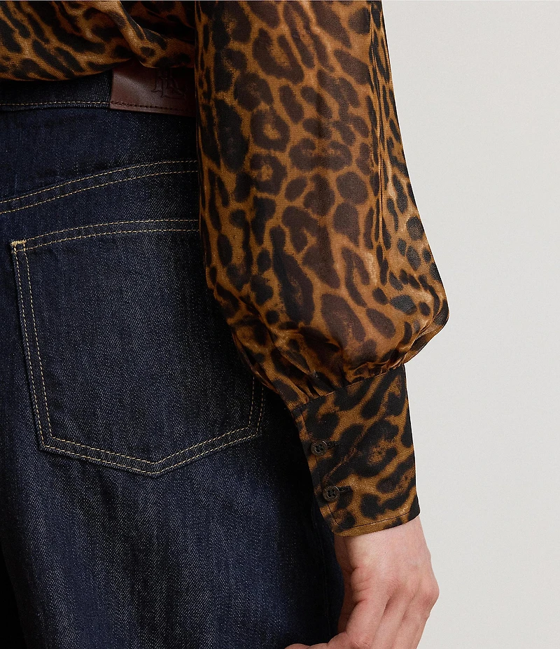 Lauren Ralph Lauren Chiffon Animal Print Round Neck Long Sleeve Shirt