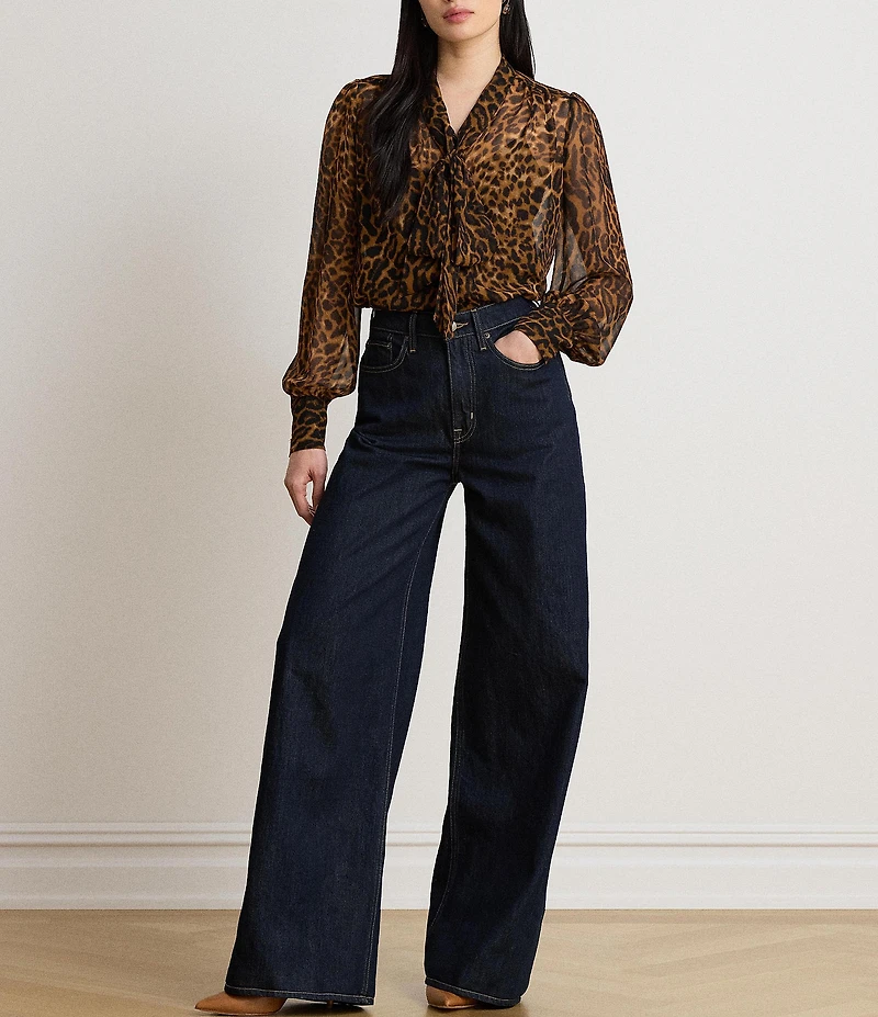Lauren Ralph Lauren Chiffon Animal Print Round Neck Long Sleeve Shirt