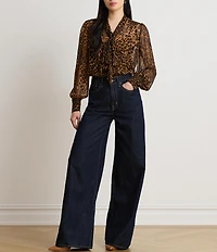 Lauren Ralph Lauren Chiffon Animal Print Round Neck Long Sleeve Shirt