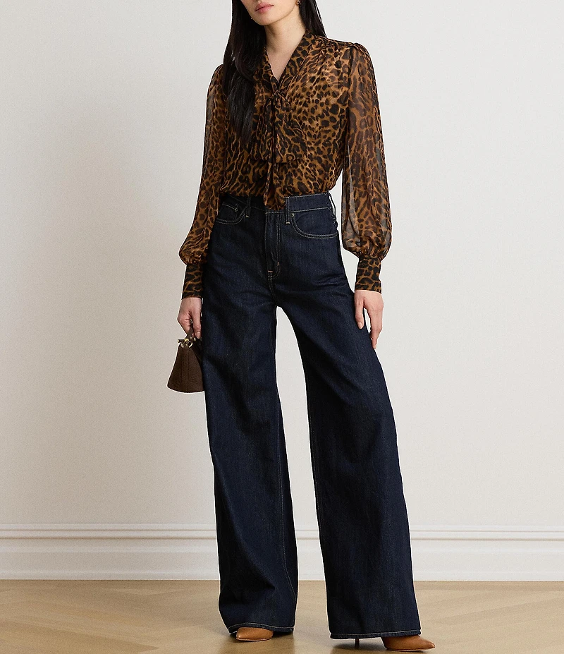 Lauren Ralph Lauren Chiffon Animal Print Round Neck Long Sleeve Shirt