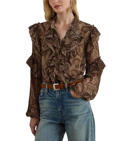 Lauren Ralph Lauren Chiffon Paisley Print Banded Collar Long Sleeve Ruffle Trim Blouse