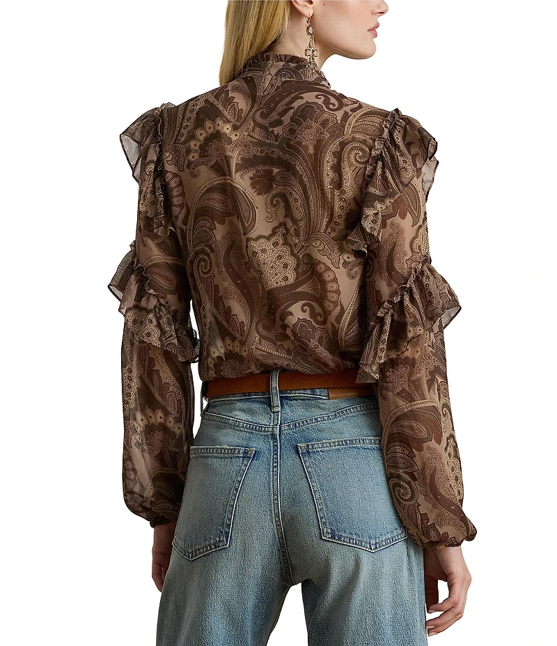 Lauren Ralph Lauren Chiffon Paisley Print Banded Collar Long Sleeve Ruffle Trim Blouse