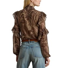 Lauren Ralph Lauren Chiffon Paisley Print Banded Collar Long Sleeve Ruffle Trim Blouse
