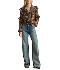 Lauren Ralph Lauren Chiffon Paisley Print Banded Collar Long Sleeve Ruffle Trim Blouse