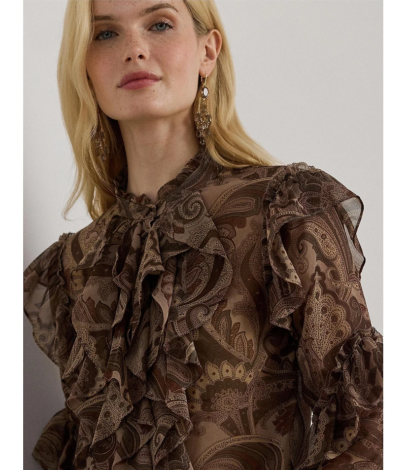 Lauren Ralph Lauren Chiffon Paisley Print Banded Collar Long Sleeve Ruffle Trim Blouse