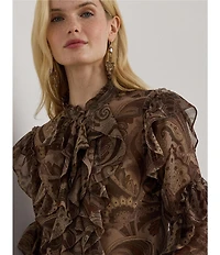 Lauren Ralph Lauren Chiffon Paisley Print Banded Collar Long Sleeve Ruffle Trim Blouse