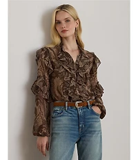 Lauren Ralph Lauren Chiffon Paisley Print Banded Collar Long Sleeve Ruffle Trim Blouse