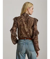 Lauren Ralph Lauren Chiffon Paisley Print Banded Collar Long Sleeve Ruffle Trim Blouse