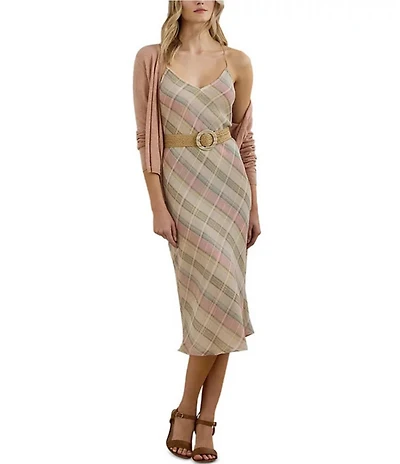 Lauren Ralph Lauren Chiffon Plaid V-Neck Sleeveless Slip Midi Dress