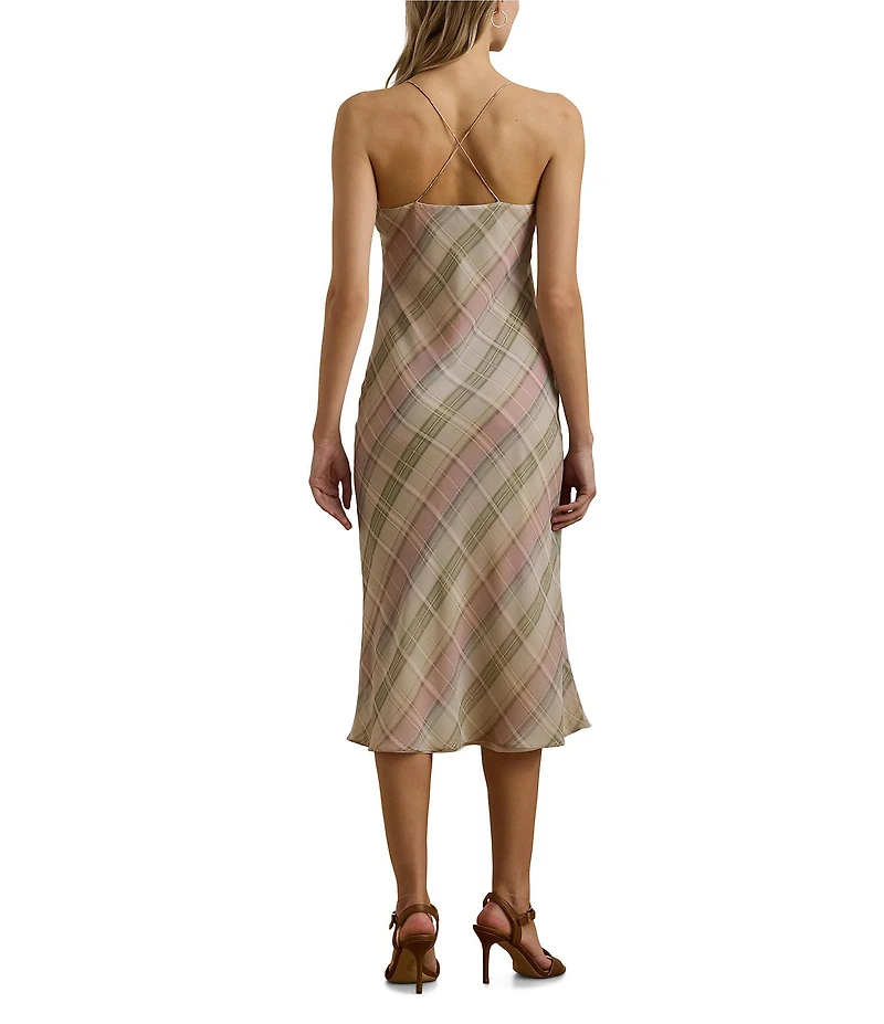 Lauren Ralph Lauren Chiffon Plaid V-Neck Sleeveless Slip Midi Dress