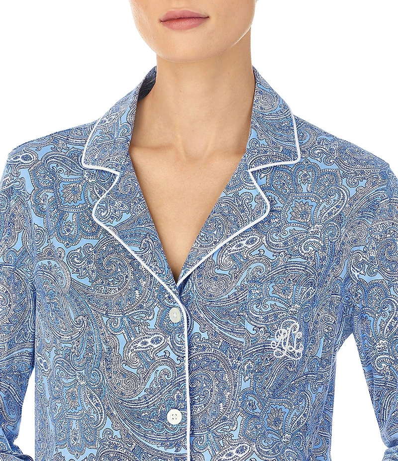 Lauren Ralph Lauren Classic Notch Collar 3/4 Sleeve Button-Front Paisley Print Nightshirt