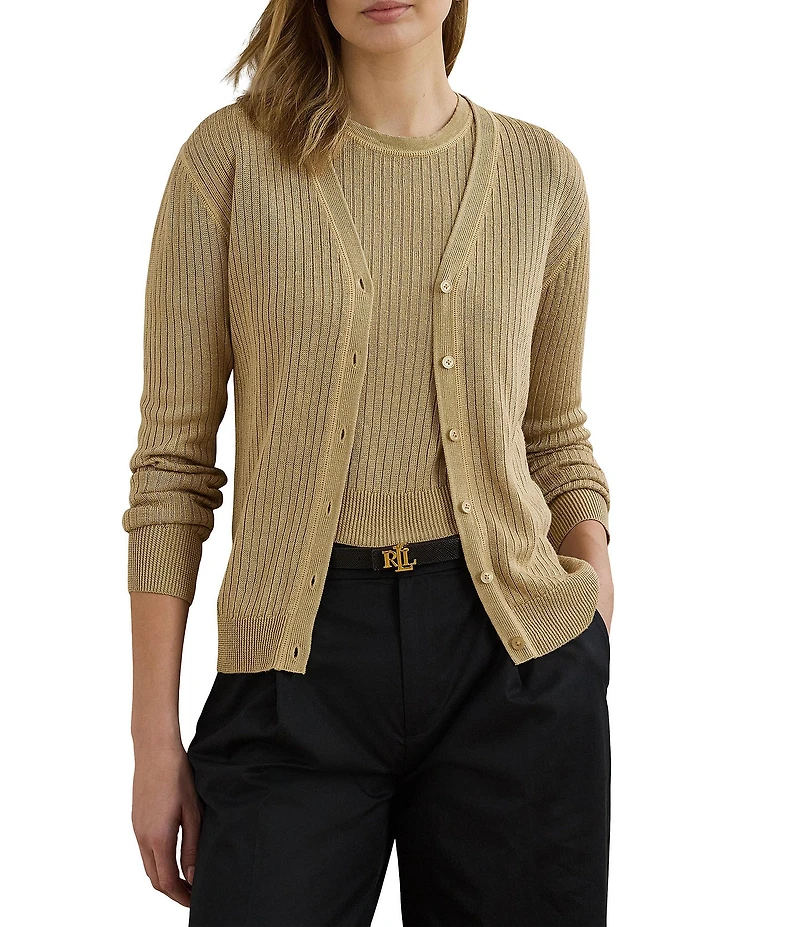 Lauren Ralph Lauren Coordinating Ribbed Knit V-Neck Long Sleeve Cardigan