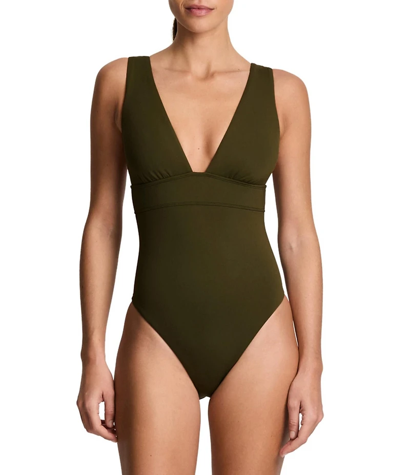 Lauren Ralph Lauren Core Solid Modern Plunge One Piece Swimsuit